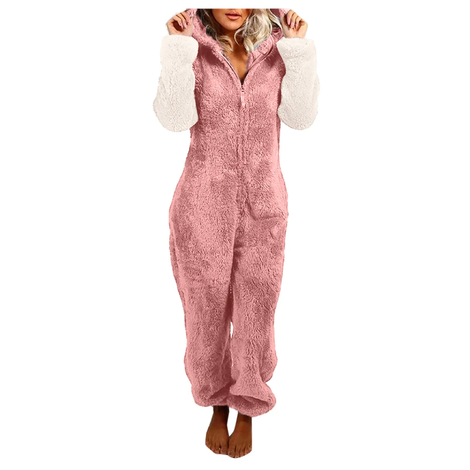 Plus Size 5XL Cartoon Cat Ears Fleece Pajamas for Women Pyjama Patchwork Zipper Loose Hooded Jumpsuit Winter Onesies Sleepwear