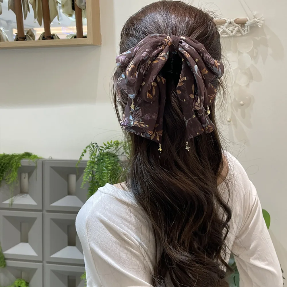 

Luxury French Style Chiffon Hair Claw Large Flower Bow Shark Clip Sweet Temperament Women Hair Grab Clip Daily
