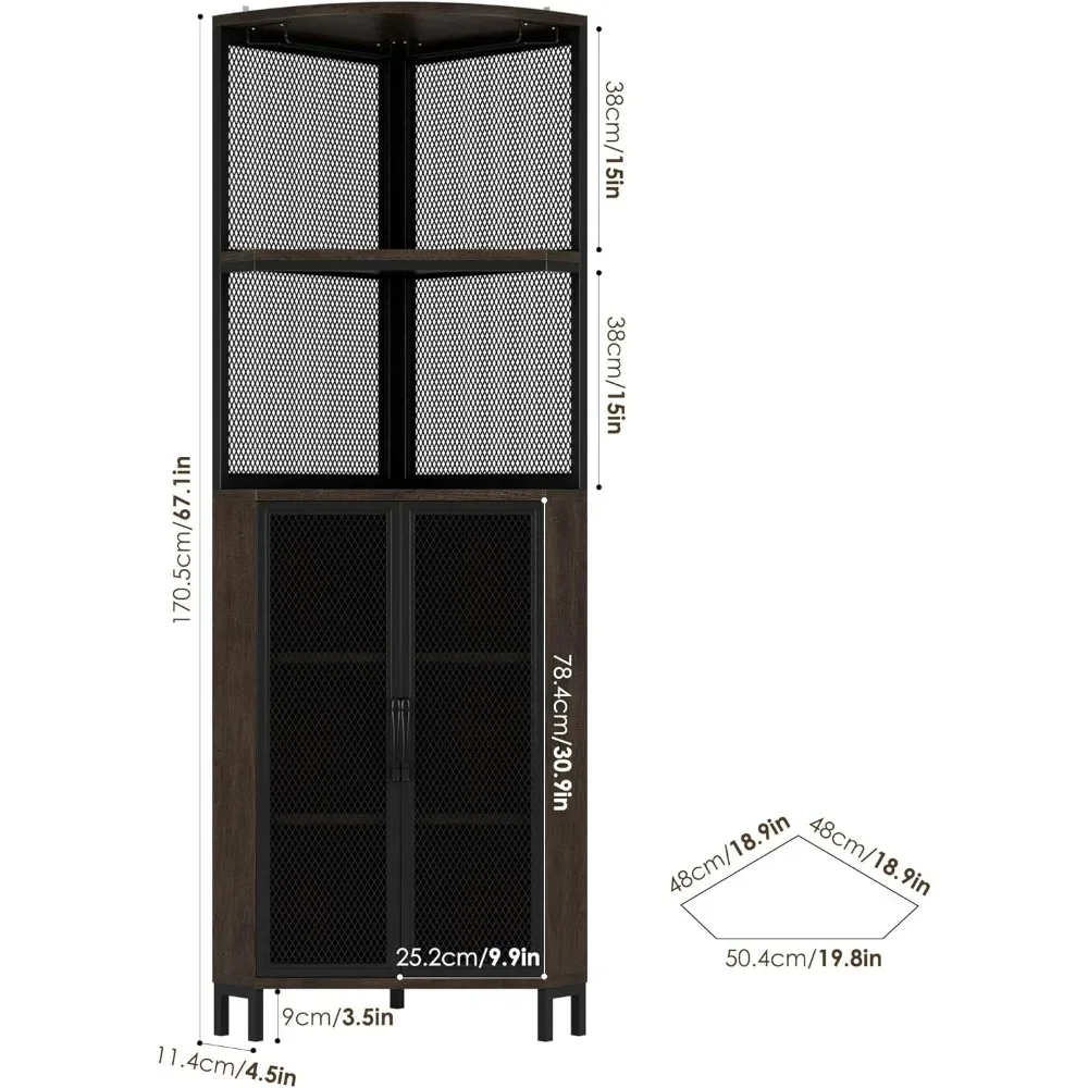 Corner Bar Cabinet, Industrial Wine Bar Cabinet with Glass Holder,  Liquor Cabinet with Adjustable Shelves