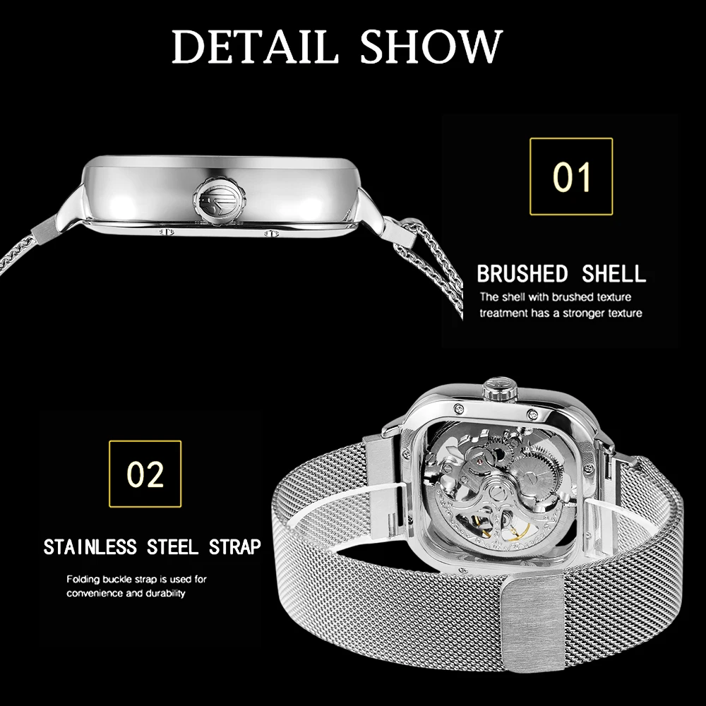 FORSINING Fashion Engraved Square Case Mens Watch Automatic Skeleton Mechanical Luminous Hands Carving Mesh Steel Band Man Clock