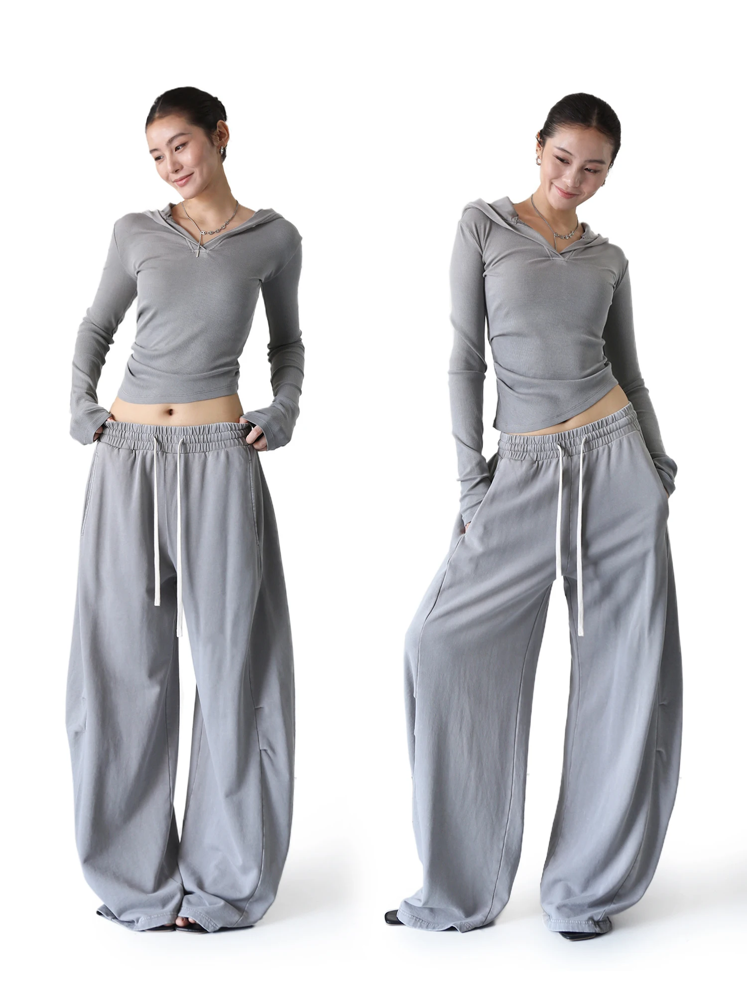 

Спортивный хлопковый костюм Sanovis с капюшоном, серый, с длинными рукавами и широкими брюками, комплект из двух предметов для женщин, модный ансамбль для весны и лета