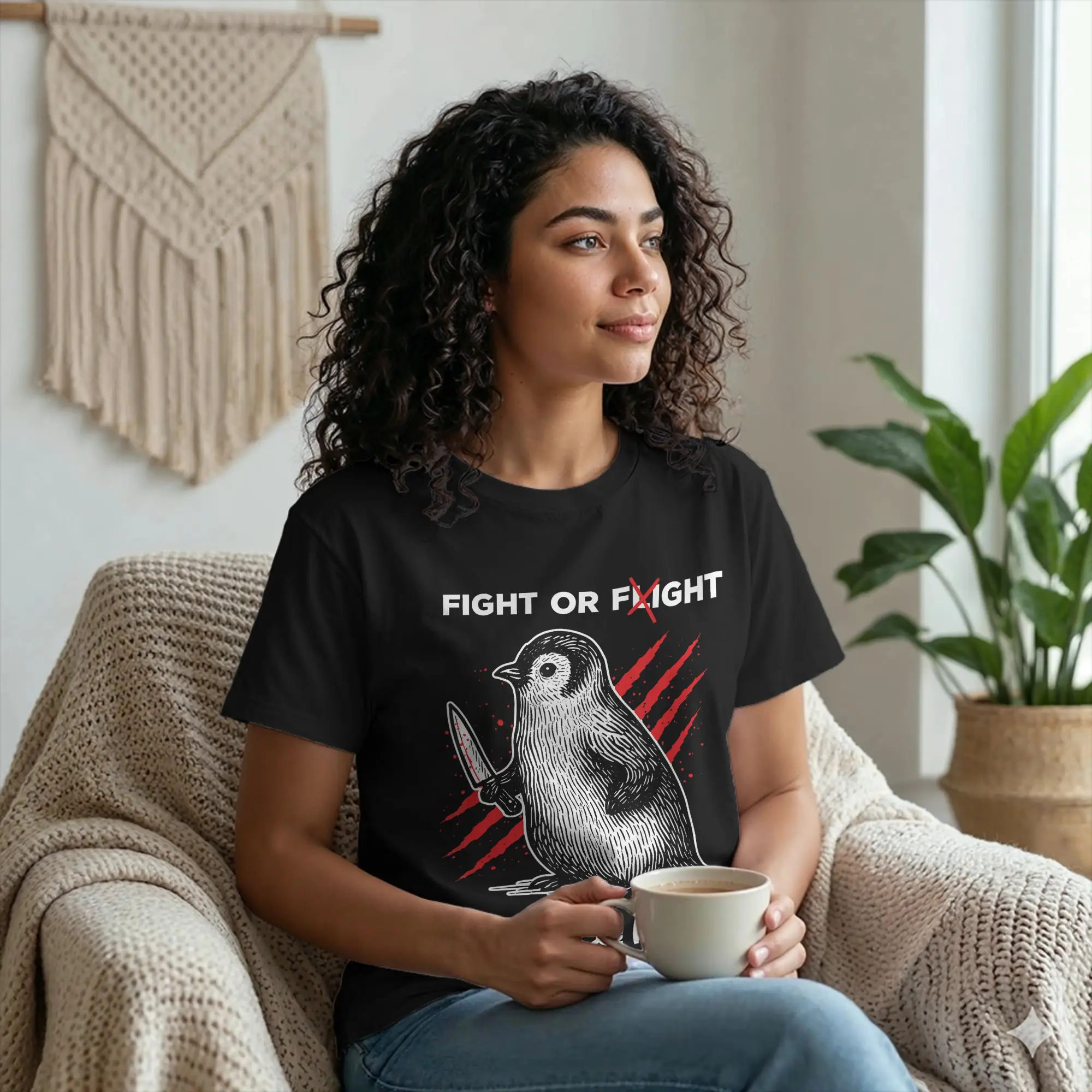 Men T-Shirts Fight Or Flight Penguin Dark Humor Cool 100% Cotton Tees Short Sleeve Meme Quote T Shirt Round Neck Tops Plus Size