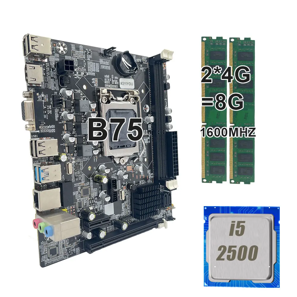 

Комплект материнской платы KEYIYOU B75 LGA 1155 с процессором Core I5 2500, 2*4 ГБ = 8 ГБ, 1600 МГц, память DDR3 для настольного компьютера, радиатор USB3.0 SATA3