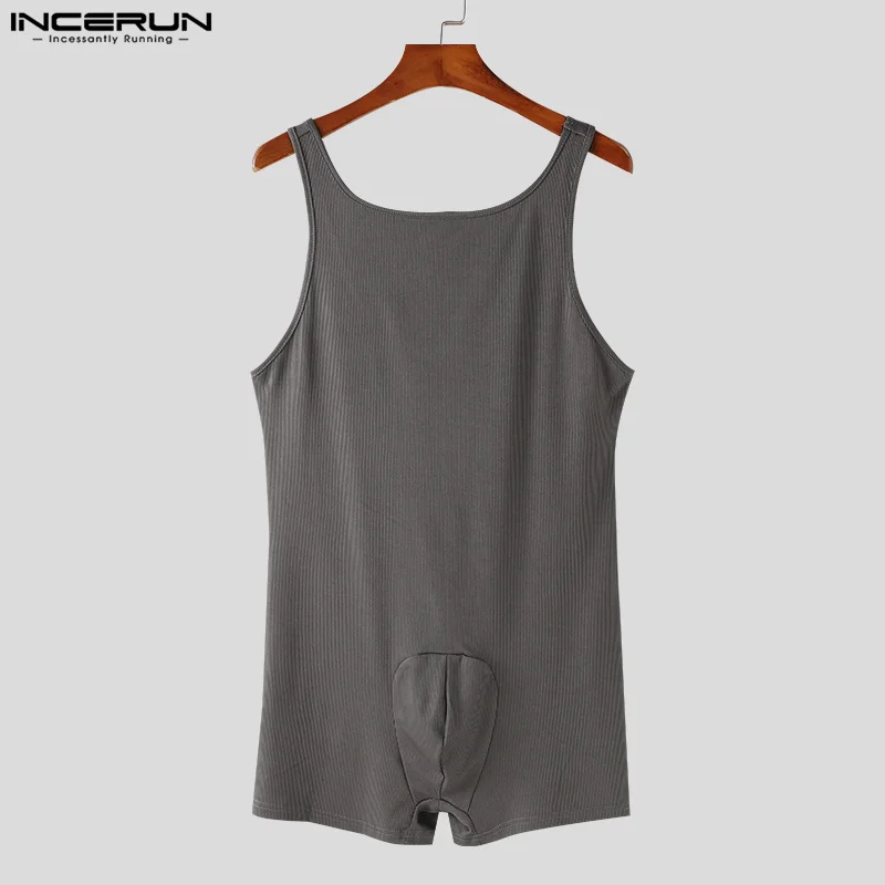 INCERUN 2023 Sexy Style New Men Homewear Fashion Suspender Design Jumpsuits Casual Male Striped Solid Sleeveless Bodysuits S-3XL