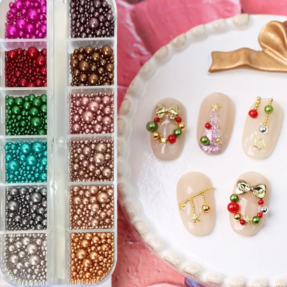 12가지 색상 믹스 사이즈 네일 펄 라인스톤, 매니큐어 DIY 크리스마스 펄, 녹색 빨간색 금색 네일 비즈, 네일 장식 부품