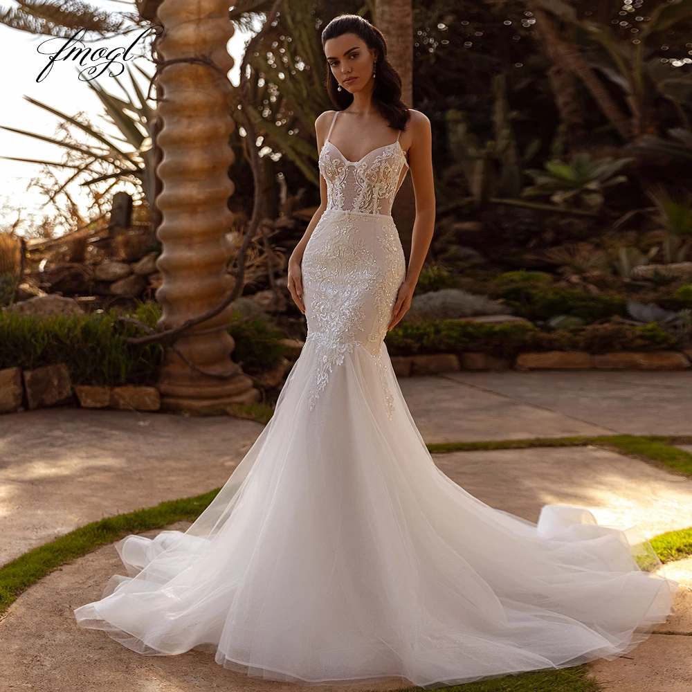 

Fmogl Elegant Sweetheart Spaghetti Straps Mermaid Wedding Dresses Sexy Illusion Appliques Beaded Court Train Trumpet Bridal Gown