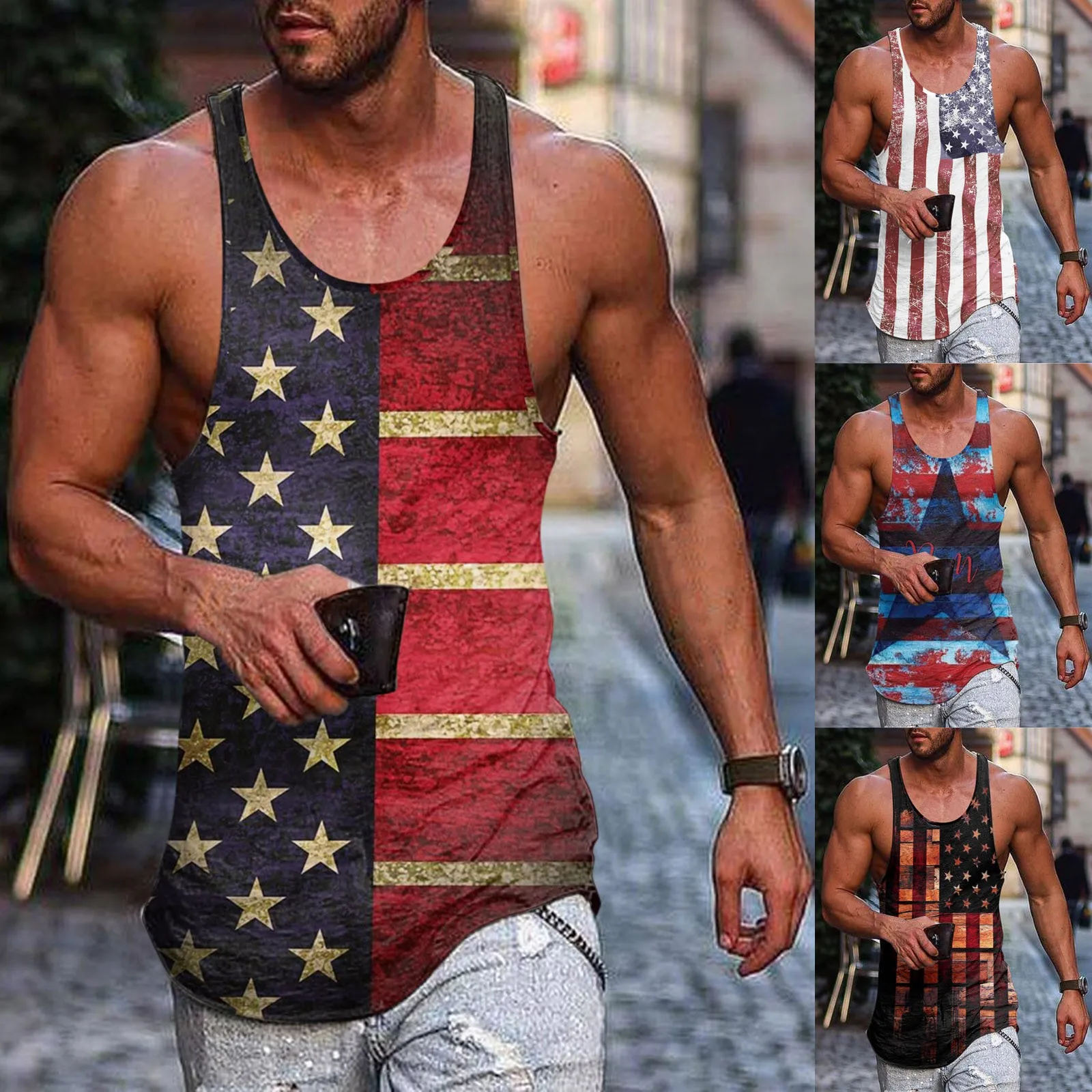 Men Summer Surf Beach Men Tank Top Casual Sleeveless Top Boy Loose 4th Of July Print Tank Top Outfits Camis Vest Chemise Homme