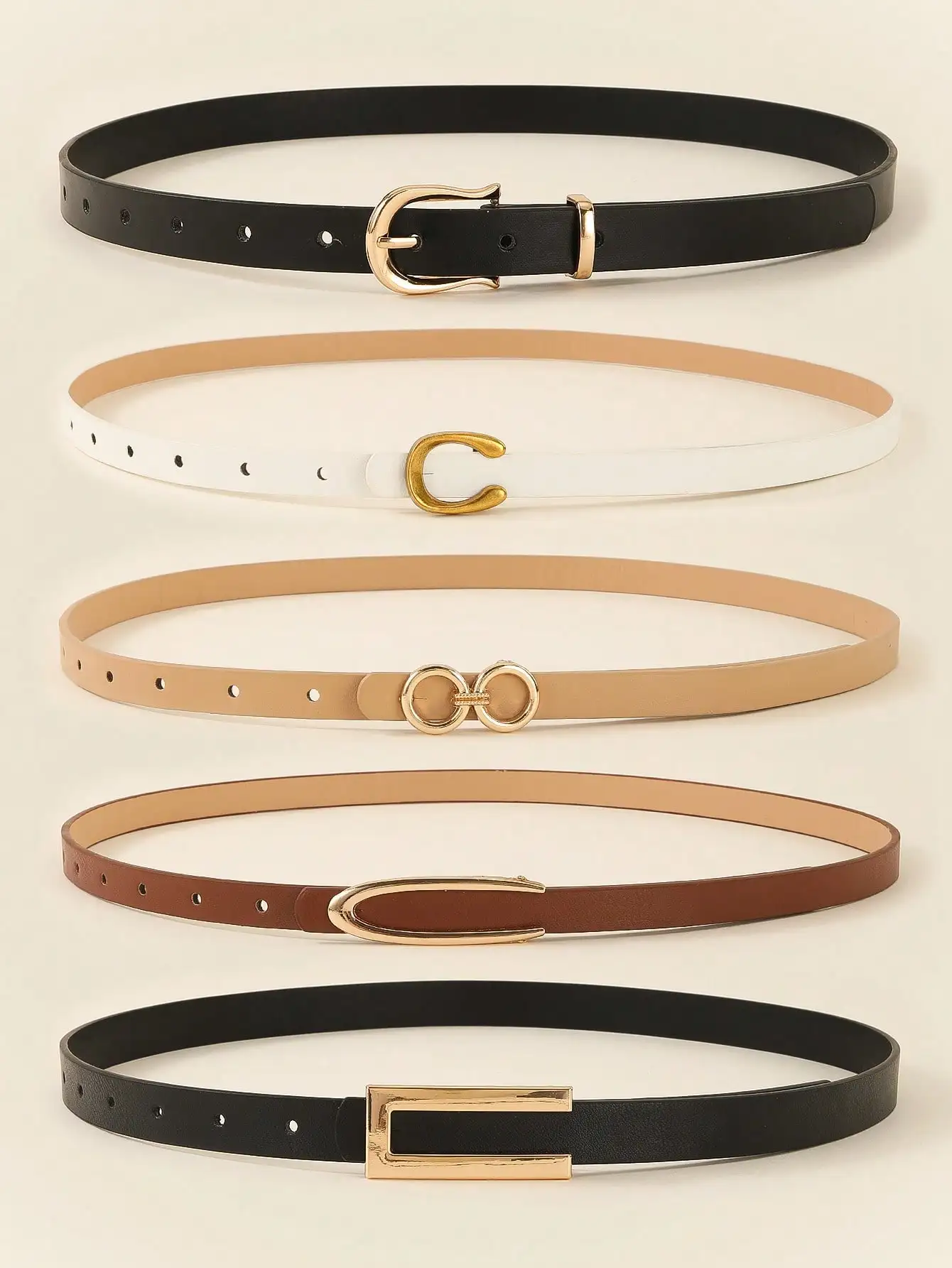 5pcs Minimalist Solid Color Casual Elegant Women's Belts, Heart, U-Shape, Triple Ring, Small Round Design Alloy Buckle Women's Belts, Dress Pants Fashion Belts, Suitable For Daily Casual Commuting, Preppy Style, Suitable As Gifts sc25052140078267463