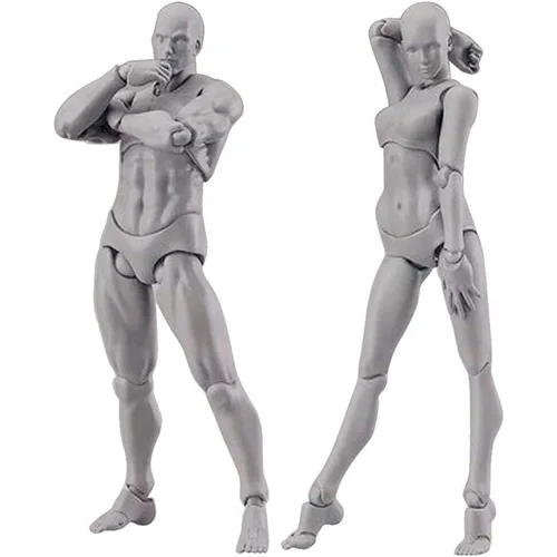 Muñeca de cuerpo articulada para hombre y mujer, maniquí articulado con cabeza de bloque para artistas, conjunto de dibujo, color gris
