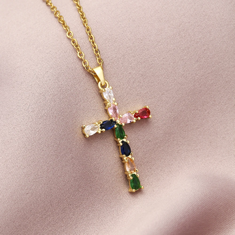 Trendy Crystal Cross Pendant Necklace Gold Color Stainless Steel Chain Women Girls Jesus Christian Jewerly Gift