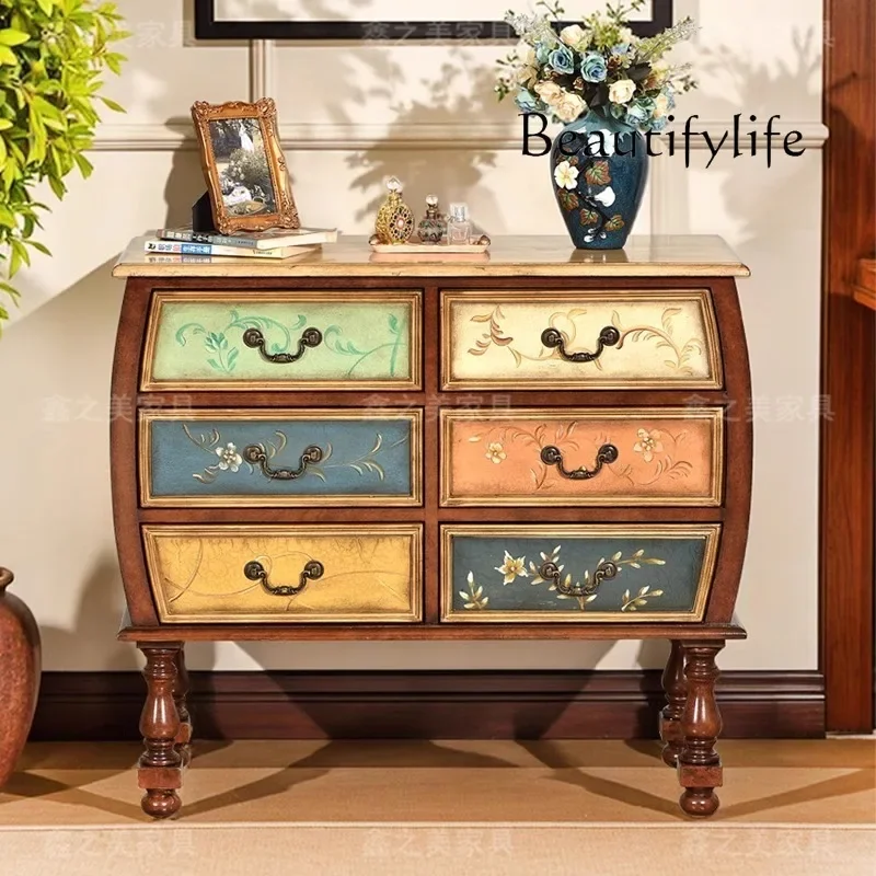 X40 American Rural Solid Wood Dining Side Cabinet Pastoral Painted Storage Six-bucket Cabinet Home Sofa Partition Side Cabinet