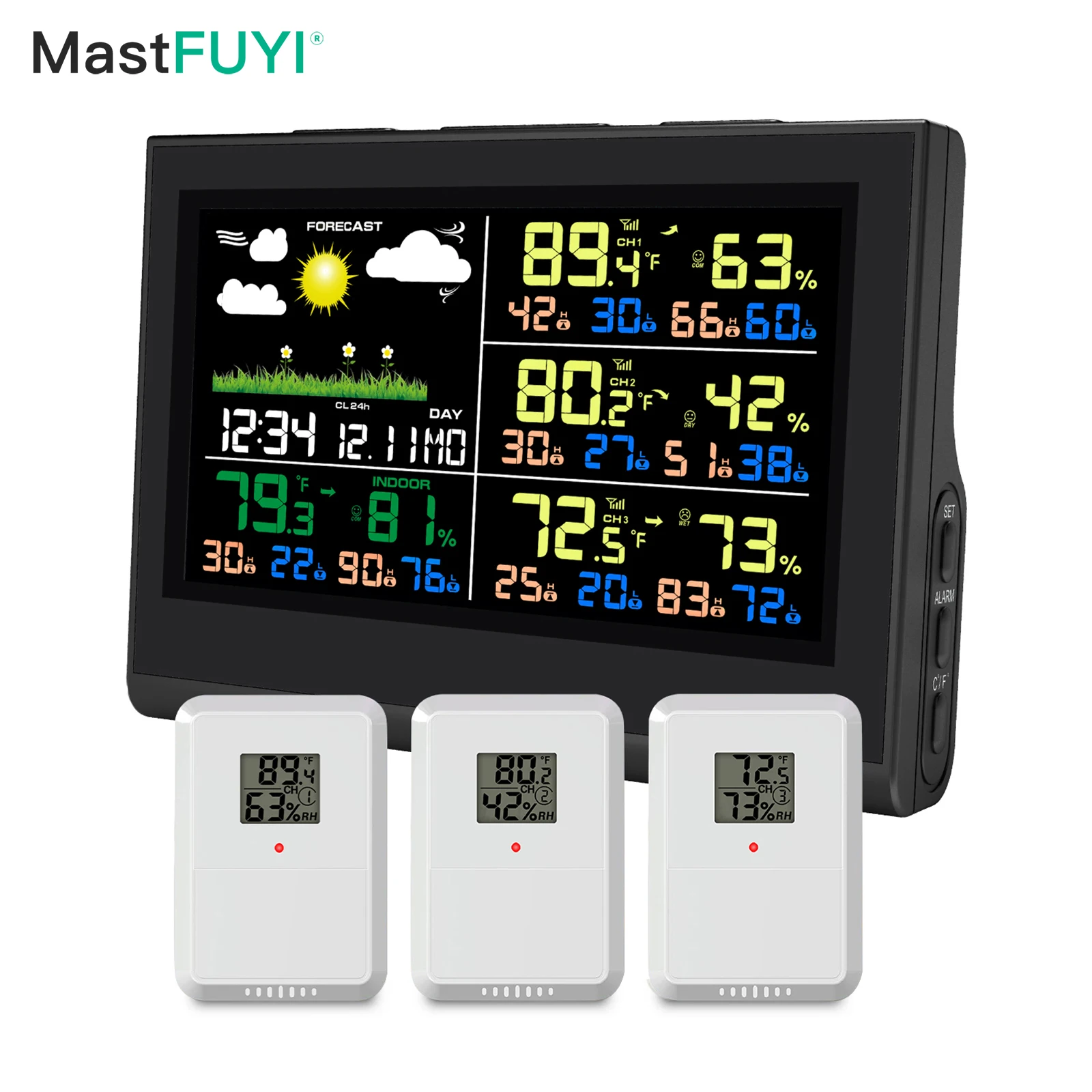 

MASTFUYI Multifunctional Wireless Weather Station Forecaster Indoor Outdoor Thermometer Hygrometer with Sensor Color Screen