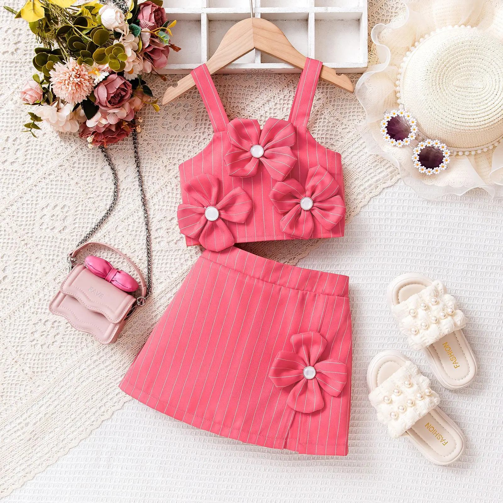 

Summer Kids Fashion Casual Clothing Solid Color Cute Girls Outfit 3D Flower Decorated Sling Skirt Children Comfortable Dress