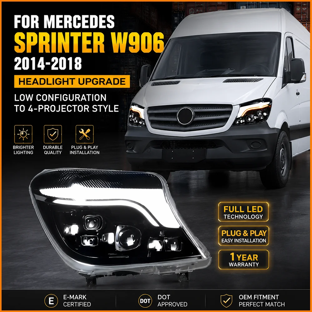 For Mercedes Benz Sprinter W906 2014-2018 Facelift Quad Projector Lens Bi-LED Sequential Animation Front LED Headlamp Assembly