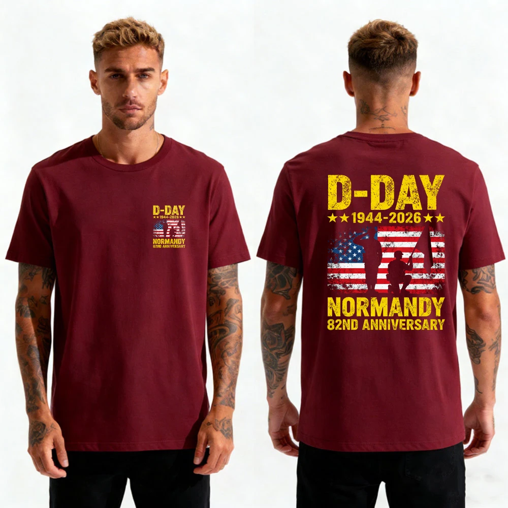 D-Day Normandy 82nd Anniversary 1944-2026 Men T-Shirt US Flag Vintage Print Double-Sided Patriotic Cotton Tee Men Clothing view 4