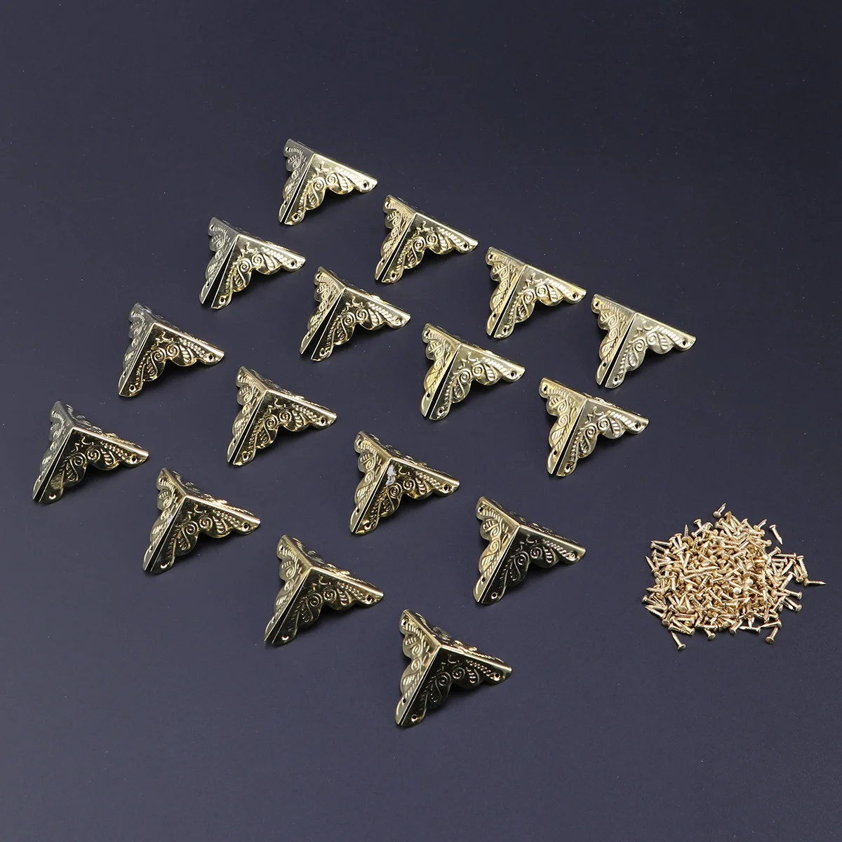 

30pcs Metal Corner Protectors Triangle Box Guards Rattan Carved For Wooden Door Nails Yellow