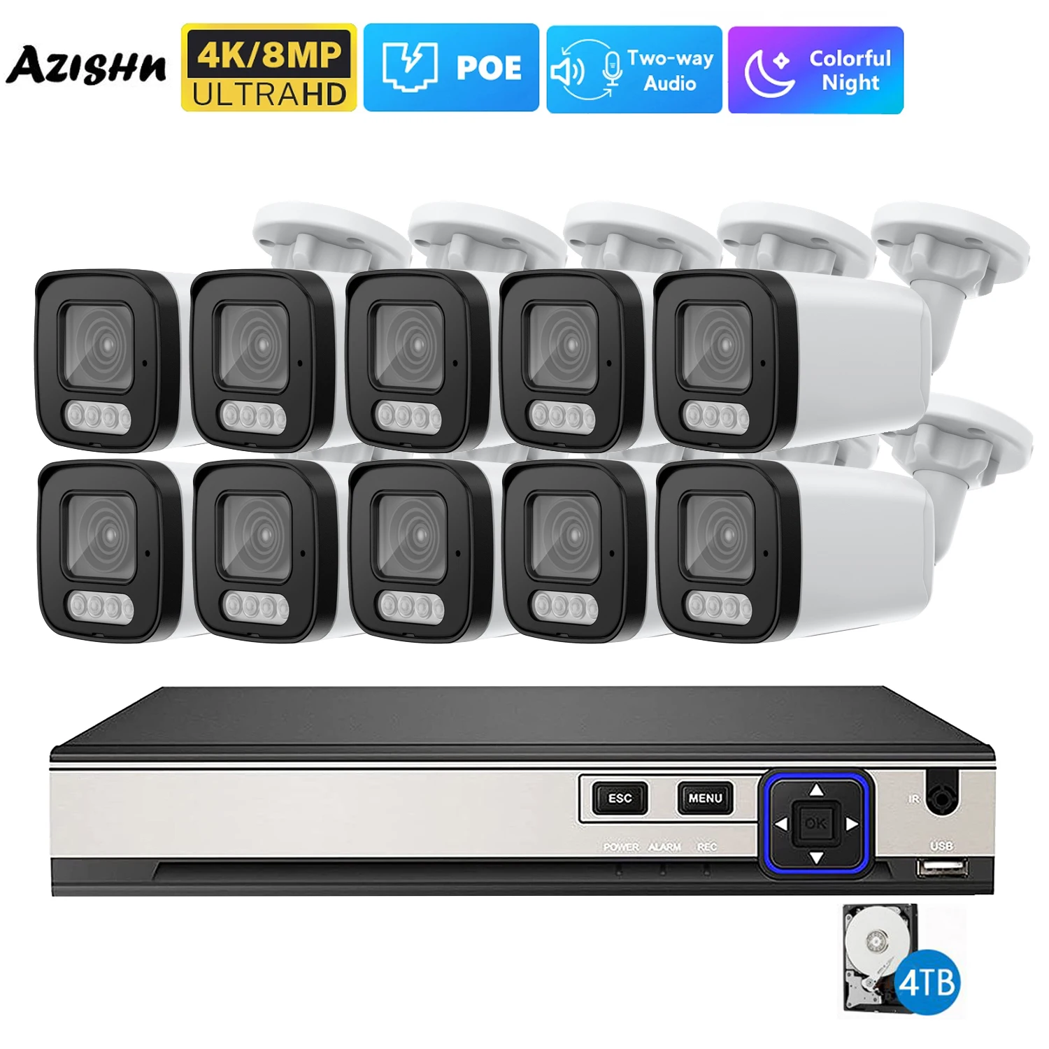 poe sistema de camera de seguranca 4k 8mp 10ch p2p kit ai video surveillance audio bidirecional exterior casa cctv nvr grupo 8mp 01