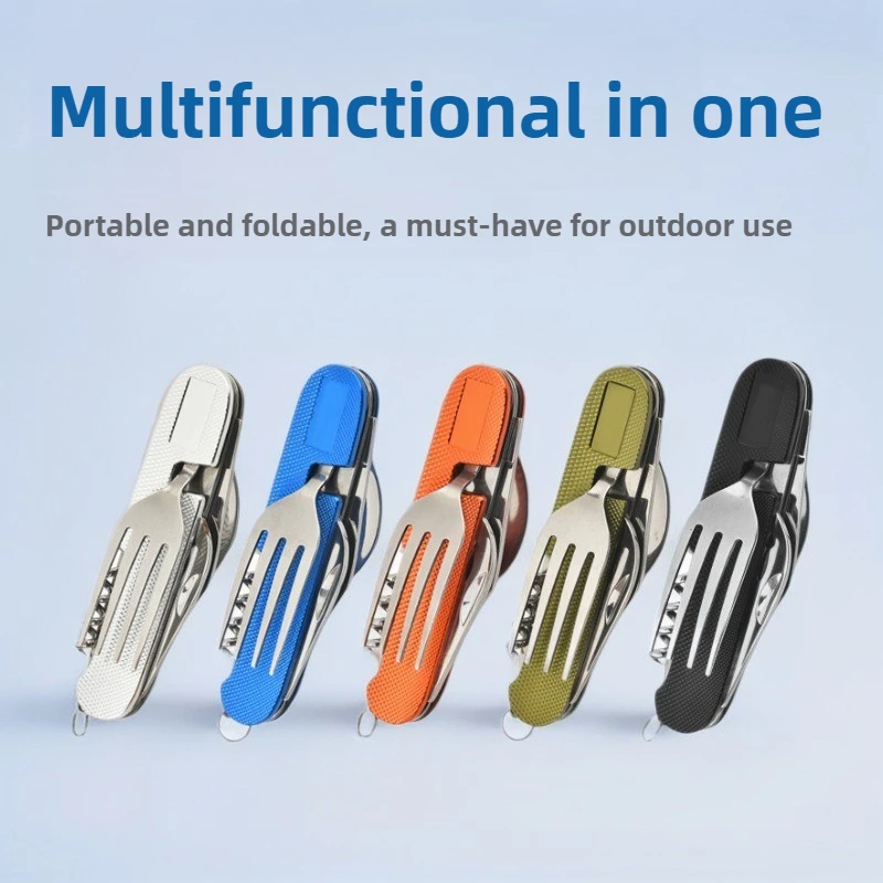 

Outdoor survival picnic set stainless steel 6-in-1 multifunctional tableware portable foldable knife, fork, spoon