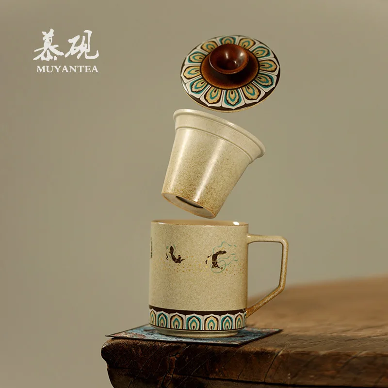 Muyan Dunhuang Ceramic Mug With Lid, Filter Personal High-End Office Tea Cup, Tea-Water Separation Teapot