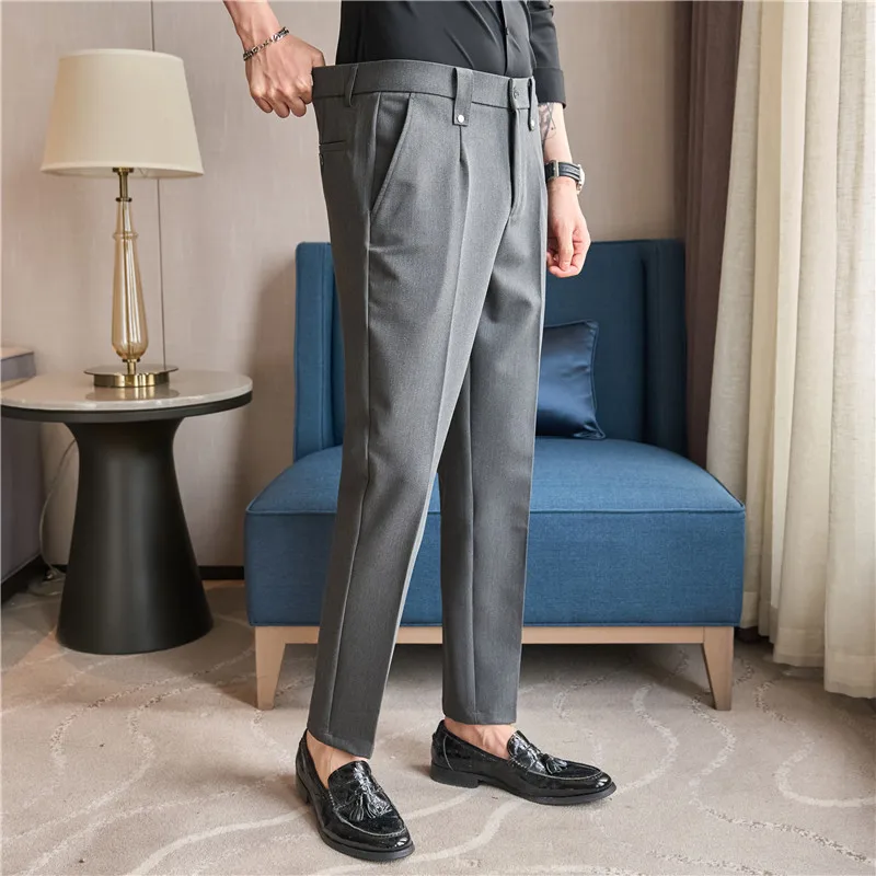 Pantalones de traje de estilo británico para hombre, ropa Formal, informal, ajustada, con cintura elástica, sólida, Primavera, 2024