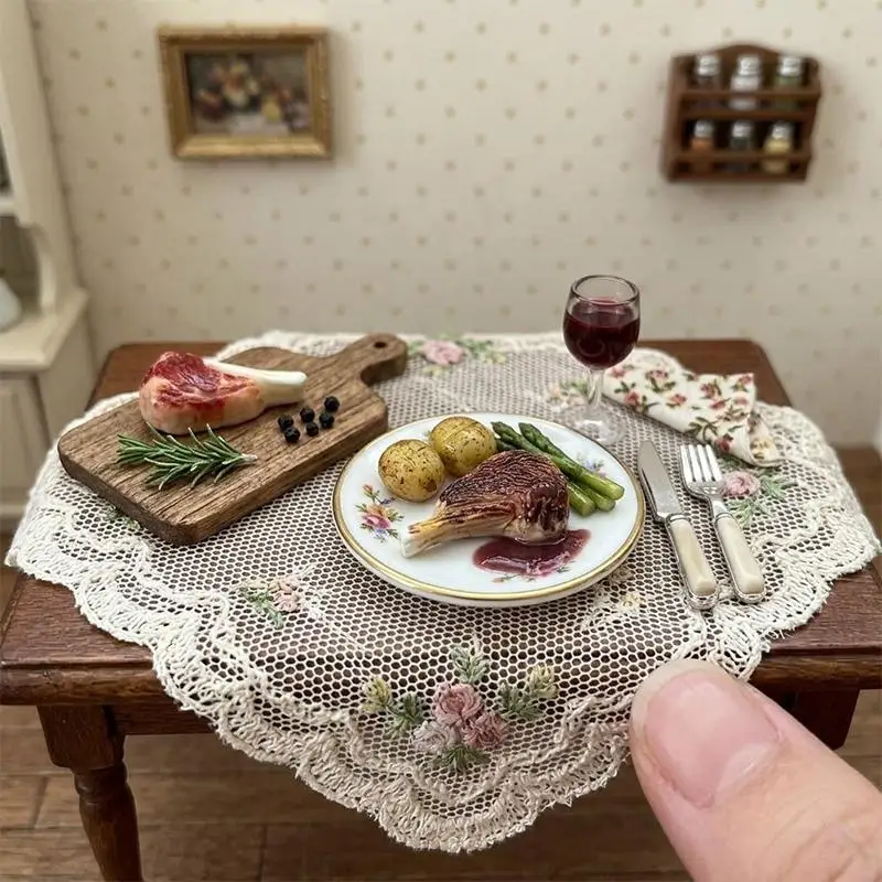 /Kb/Miniature Simulated Steak Set Vintage Silver Serving Trays Perfect For Dollhouse Kitchen Diorama Craft Projects 10pcs