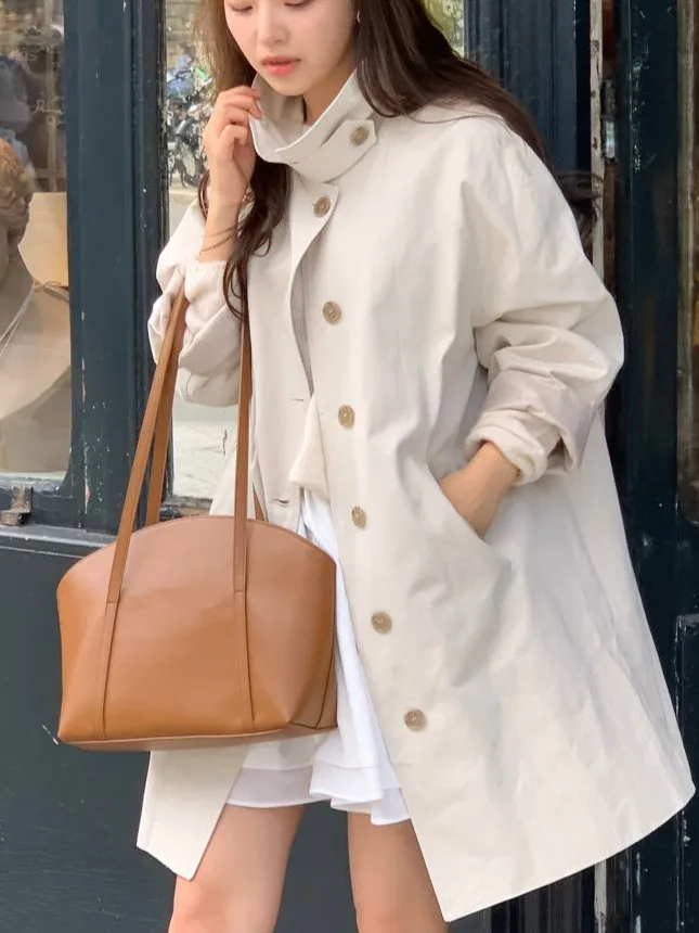 

Korean Sle Stand Collar Loose Women's Coat Vintage Long Medium Length Ele Aosphere Outerwear Commute Long Sve