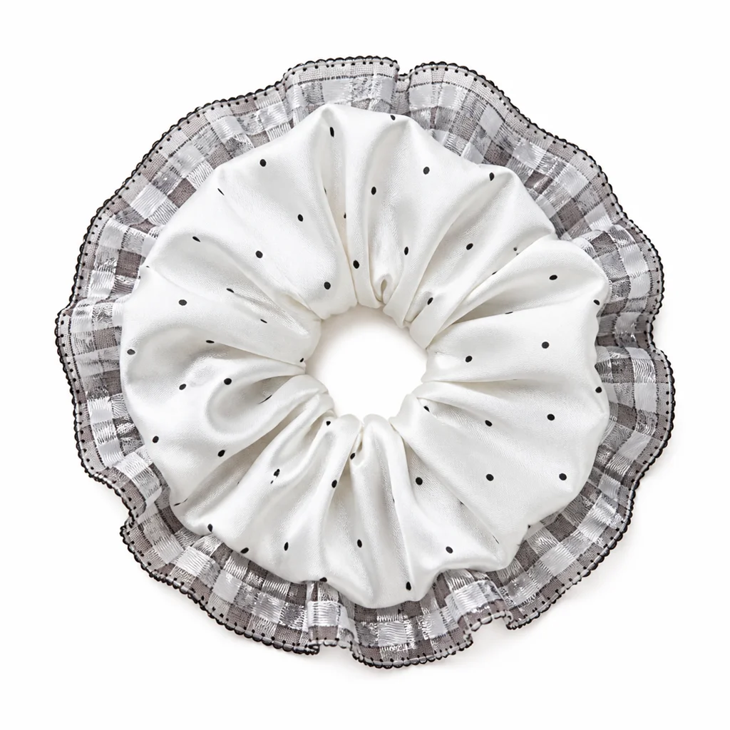 ivory-black-polka-dot-gingham-ruffle-single-layer-scrunchie-oversized-handmade-hair-tie-for-women