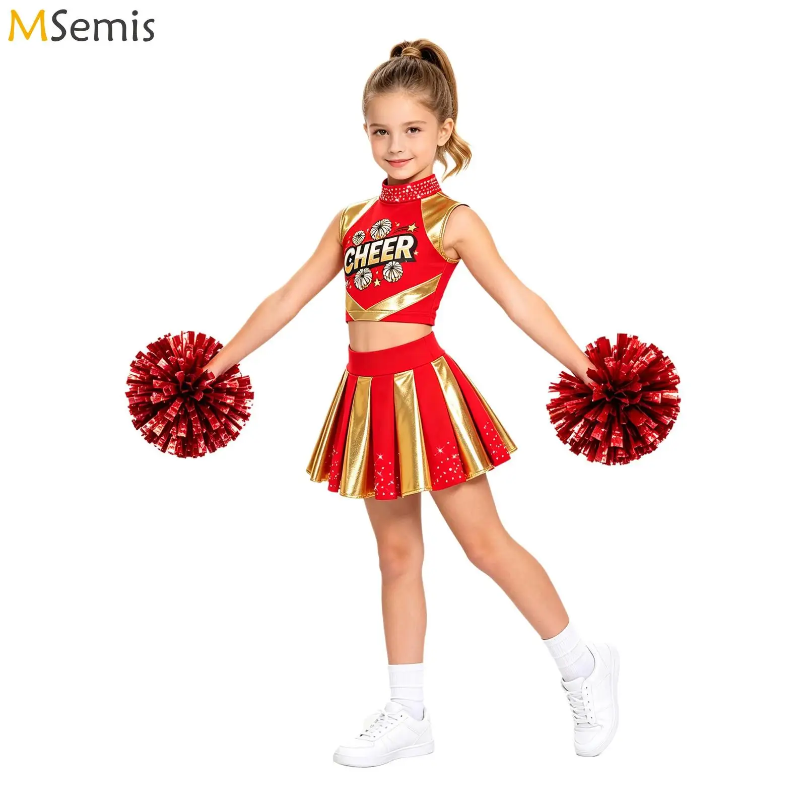 Kids Girls Cheerleading Uniform 2Pcs Sleeveless Rhinestone CHEER Print Crop Top Pleated Skirt Kids Cheer Performance Costume
