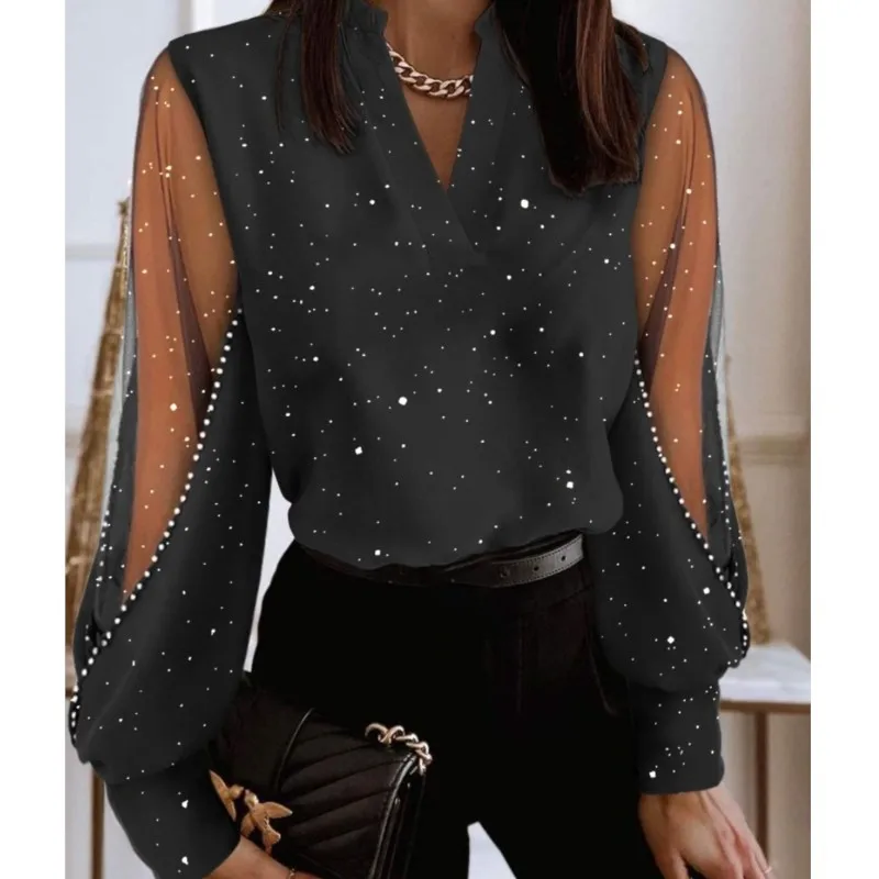 Elegant Blouses For Women Fashion Lace Long Sleeve V-neck Shirt Spring Autumn Casual Office Tops Black Women\'s Clothing 2024