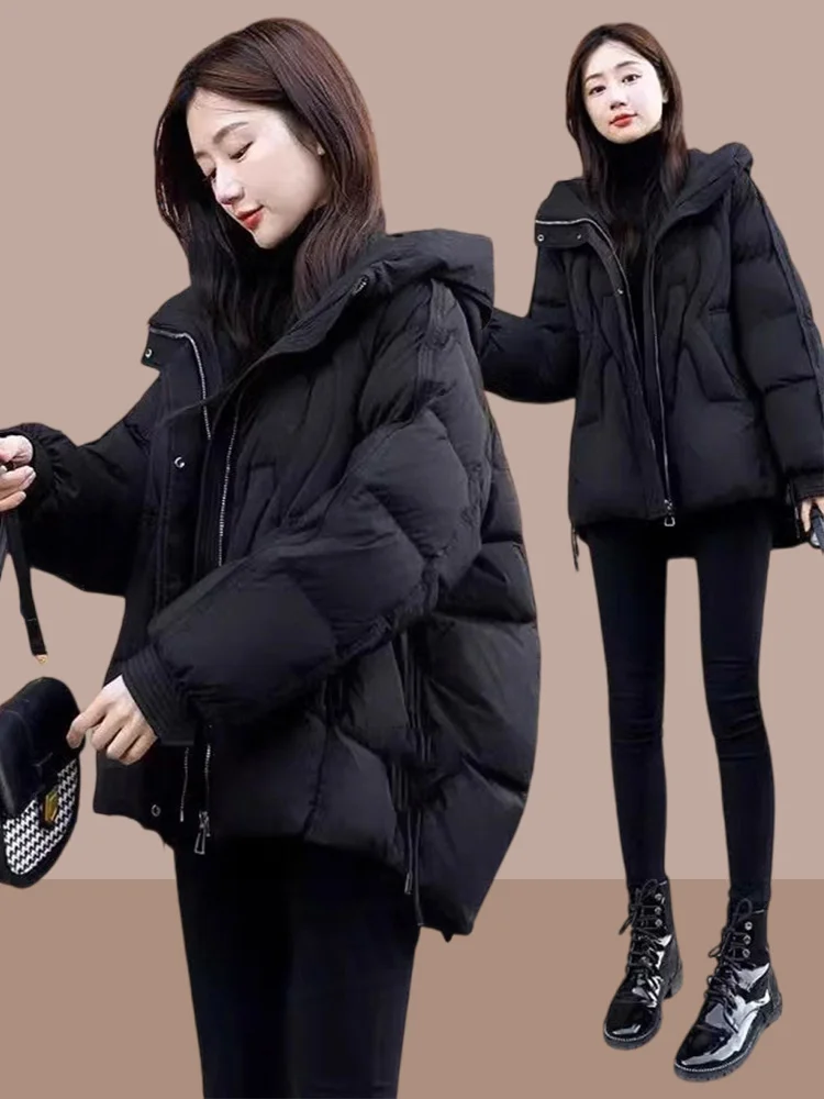 Thickened Black Cotton Jacket Women's Autumn Winter Loose Casual Short Hat Bread Style European Cargo Top Zipper Closure Long...