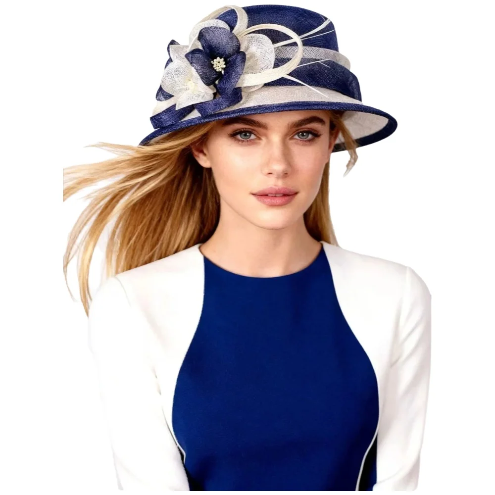 FS Brytyjski niebieski biały kapelusz ślubny Sinamay dla kobiet Kapelusz kościelny Elegancki kwiat z szerokim rondem Fedoras Kentucky Derby Party Hat — zdjęcie 2