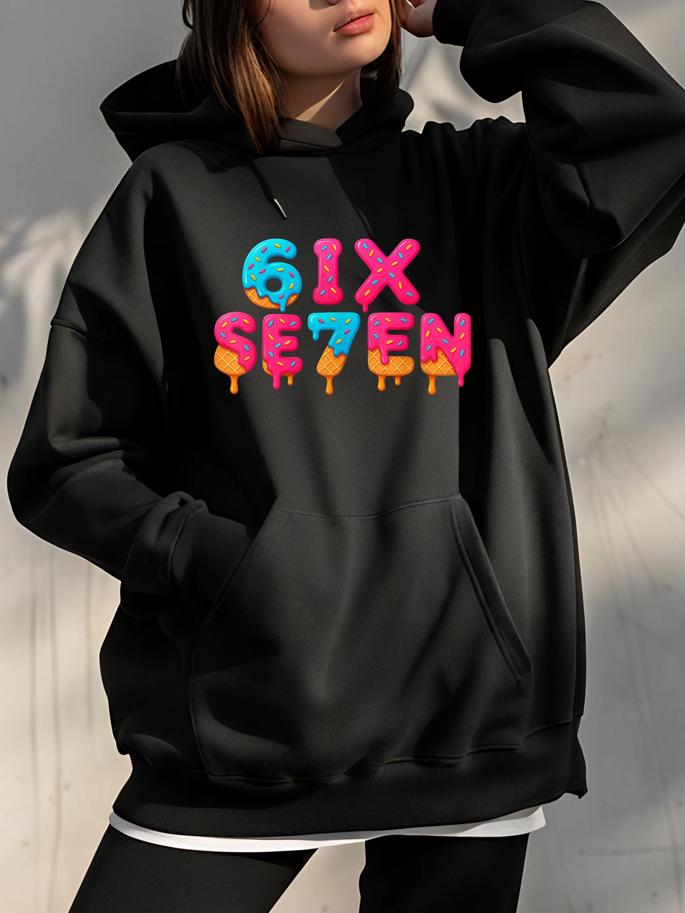 

Женская черная толстовка с капюшоном 6IX SE7EN с принтом пончиков, повседневная уличная толстовка для молодежи, модная модная одежда