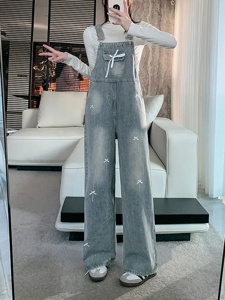 Retro American  Knot Rhinestone Denim Overalls Women's New Faion Age Reduction All-Match Straight Leg Jumpsuit
