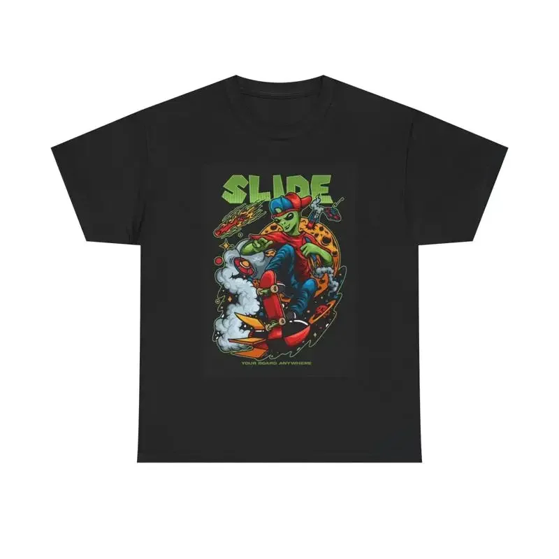 Slide Skateboarding T-Shirt Alien Skating Retro aus schwerer Baumwolle