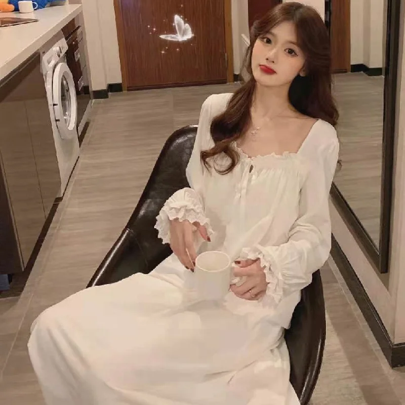 Women\'s Clothing Four Seasons Long-Sleeved Princess Nightgown Girls Lace Court Style Pajamas Korean Loose Plus Size Homewear