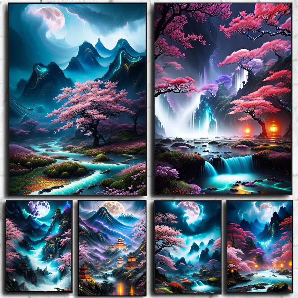 Landscape Diamond Painting New Collection Sakura Mountain Waterfall 5D DIY Mosaic Chinese style Cross Stitch Diamond Embroidery