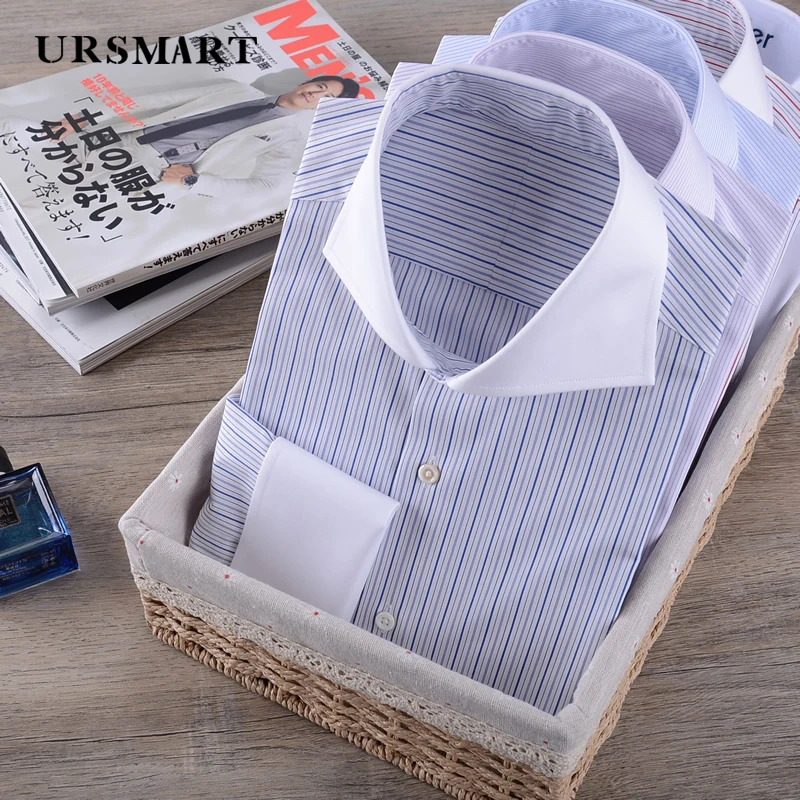 Classic French men's long sleeved shirt with contrasting colla  retro gentleman collar white collar boss shirt for men