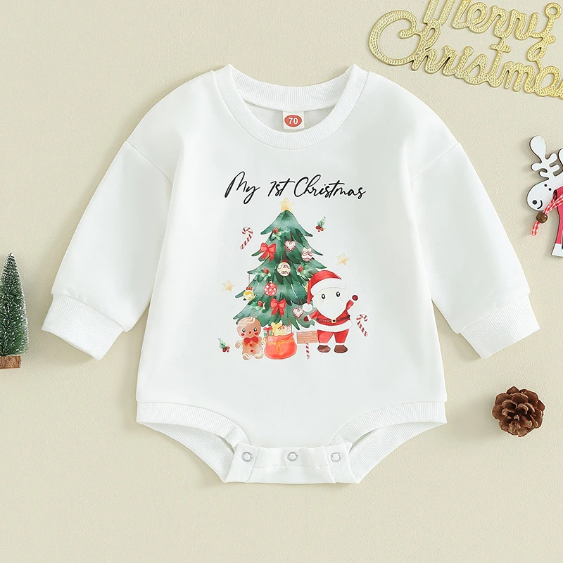 Baju monyet lengan panjang motif rusa Natal, pakaian liburan meriah jumpsuit pas longgar bayi baru lahir leher bulat