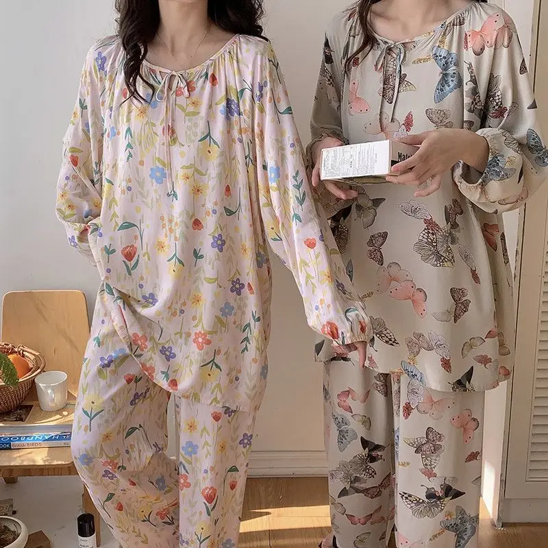 Conjuntos de pijama estampa vintage de duas peças feminino, pijamas de algodão, manga comprida, pulôver, loungewear fino, roupa de alta qualidade