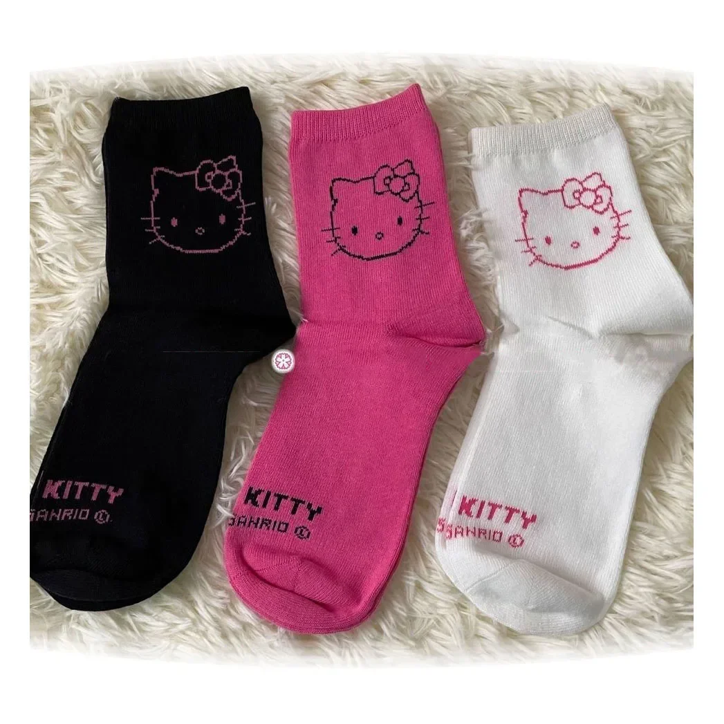 Hello Kitty Socks for Girls Medium Socks Kawaii Sanrio Hello Kitty Accessories Socks Rosered Black White Sock Women Female