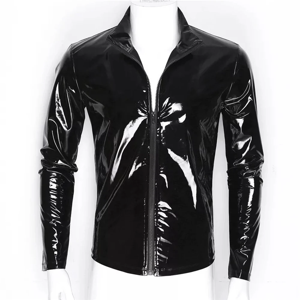 Herren Langarm-Shirt aus Kunstleder mit Glanzoptik, PVC-Jacken, Eng Anliegende Sexy Cosplay Windbreaker, Motorrad-T-Shirts – Detail 9