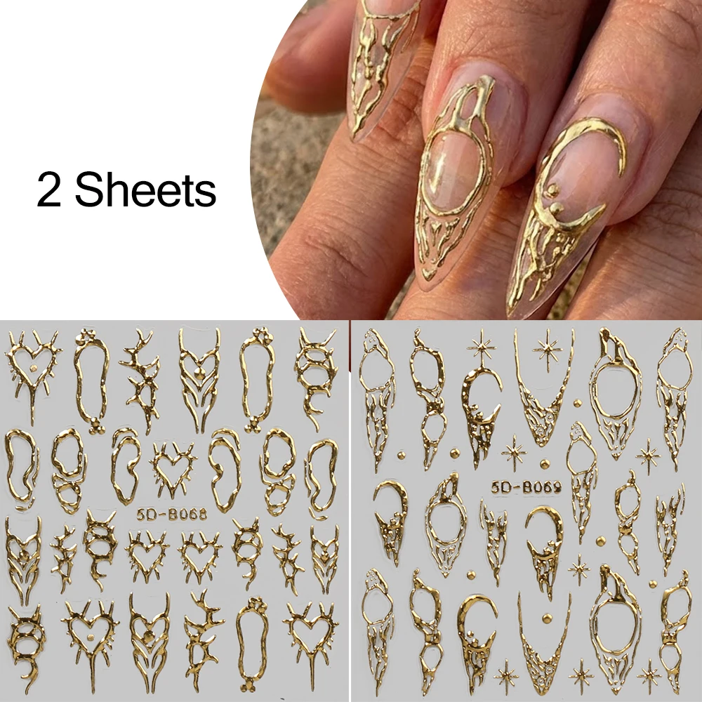 2 Stück Vintage Dornen Y2K Nagelkunst-Aufkleber 5D Geprägte Gold Silber Mond Stern Retro-Stil Nagel-Abziehbilder Selbstklebende DIY Maniküre-Dekoration – Detail 7