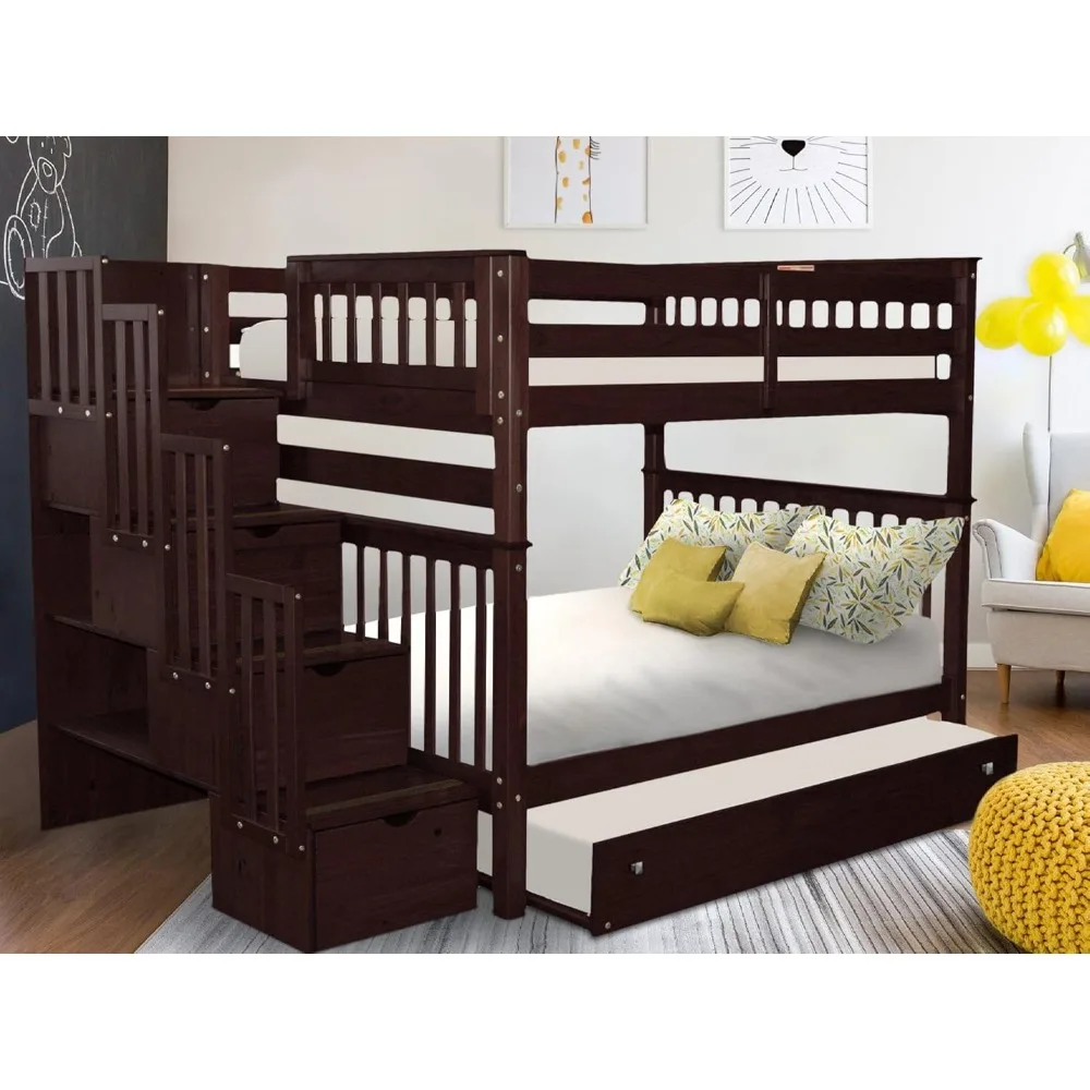 Stairway Bunk Beds Full Over Full with 4 Drawers in The Steps and a Full Trundle, Dark Cherry