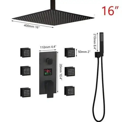 Deao Best Sale 2 Functions Square Rainfall Ceiling Shower Digital display Matte Black Bathroom Concealed Shower Set