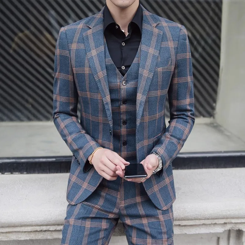 

( Blazer + Pant + Vest) High Quality Men Wedding Banquet Plaid Suits Fashion Male Business Social Dance Party Dress 3-piece Set