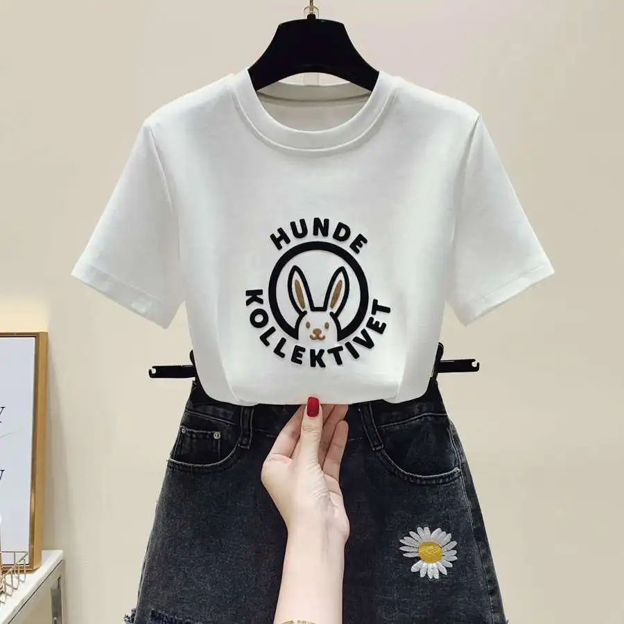 

Summer New Women's Crewne ort Sve T-irt Text Pattern Cotton 00% Commute Sle round Ne Print Casual T-irt