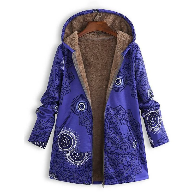 Printed Hooded Long Sleeve Coat Oversized Vintage Women Autumn Winter Warm Plush Jacket Casual Ladies Clothes