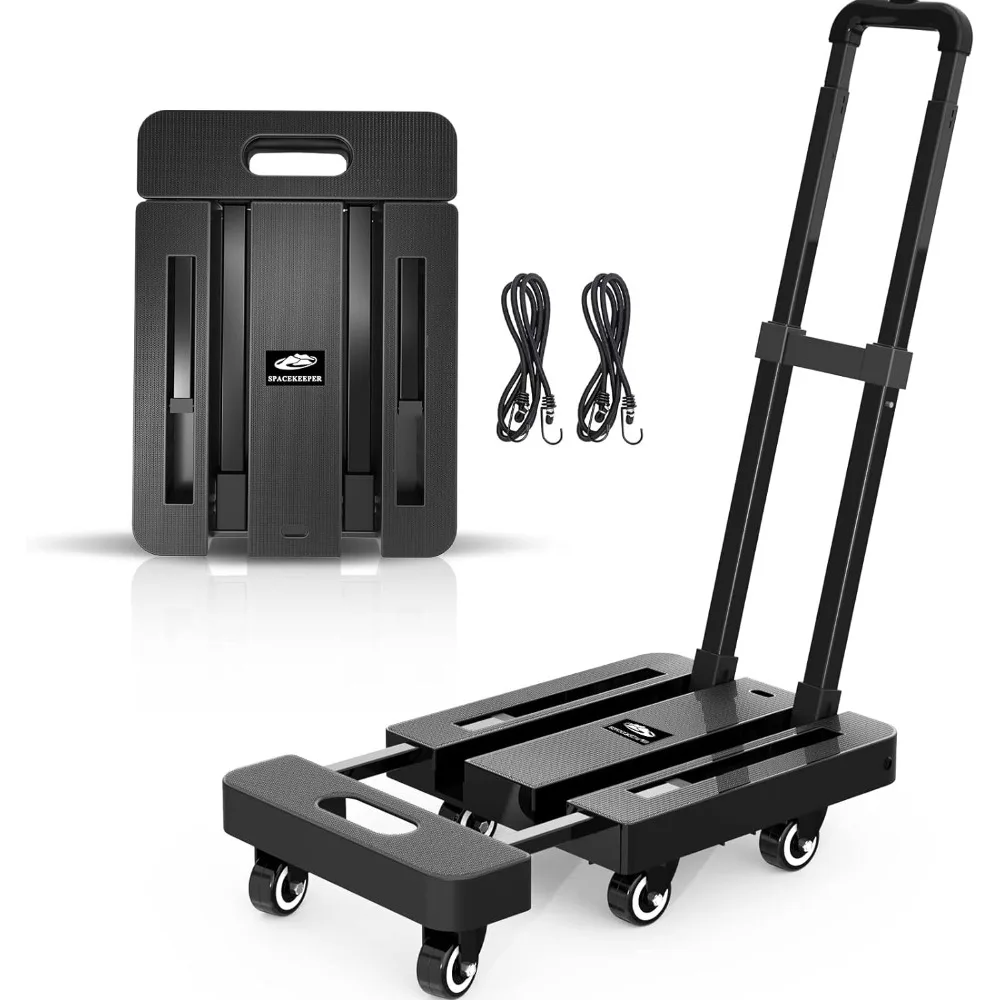 SPACEKEEPER Folding Hand Truck,500LB Heavy Duty Luggage Cart,Utility Dolly Platform Cart 6Wheels&2Elastic Ropes Luggage