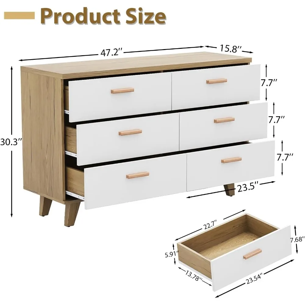 6 Drawer White Wide Dresser, Wood Storage Organizer , Modern Drawer Chest for Nursery, Living Room, Hallway, Kids Bedroom