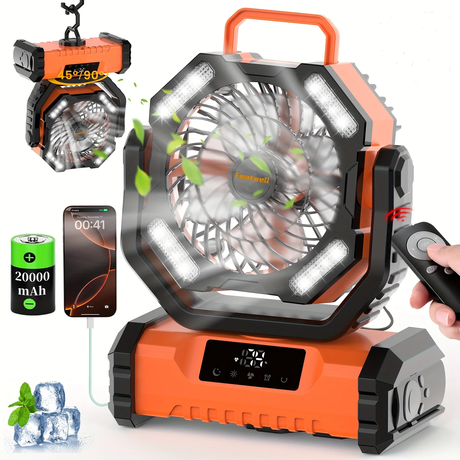 

20000mAh Portable LED Camping Fan with Touch Control & Built-in Light - USB Rechargeable Outdoor Cooling Fan for Tents